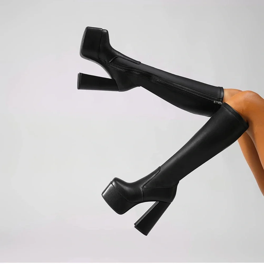 Black platform knee high boots vegan - Picture 1 of 8